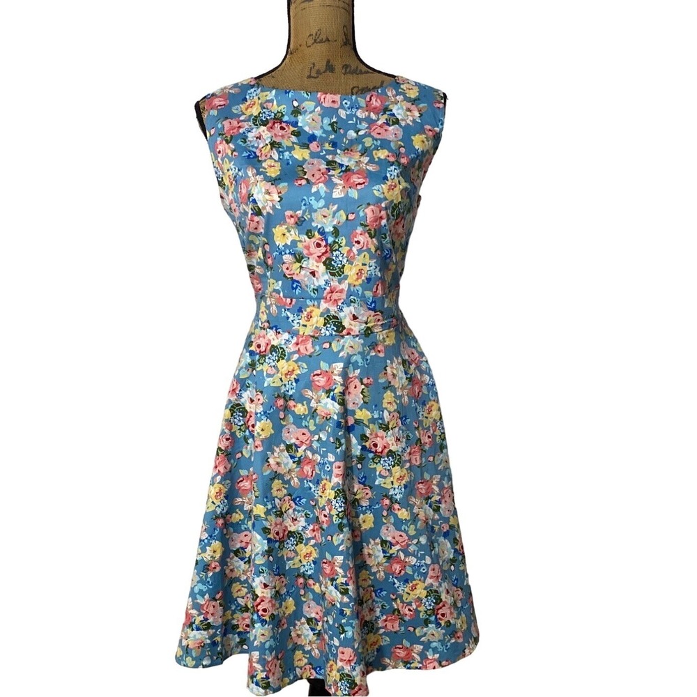 NWT iHOT 50s Style Dress Blue Floral Full A Line Retro Belt Washable Party